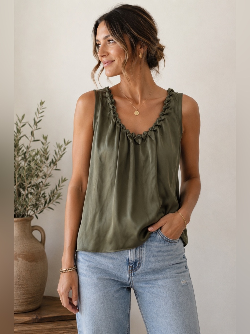 GO BY GO SILK Olive‎ Satin Ruffle-Trim Sleeveless blouse size XS